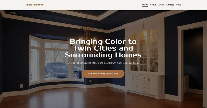Angie’s Painting homepage with the headline Bringing Color to Twin Cities and Surrounding Homes.