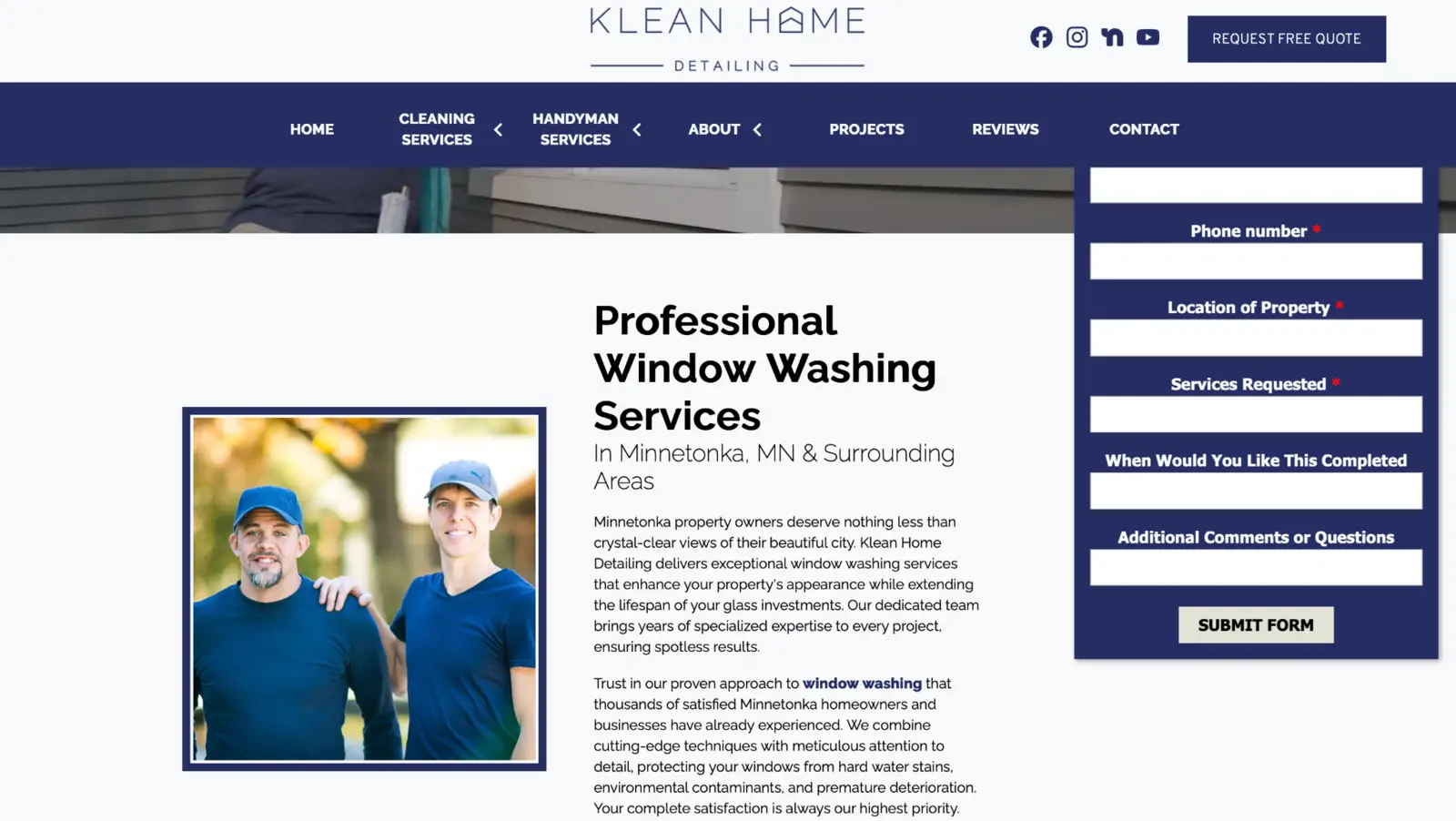Klean Home Detailing's former verbose service page and quote form